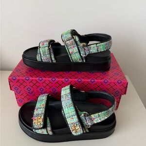 Tory Burch Tweed Platform Sandals in Mint Multi and Black